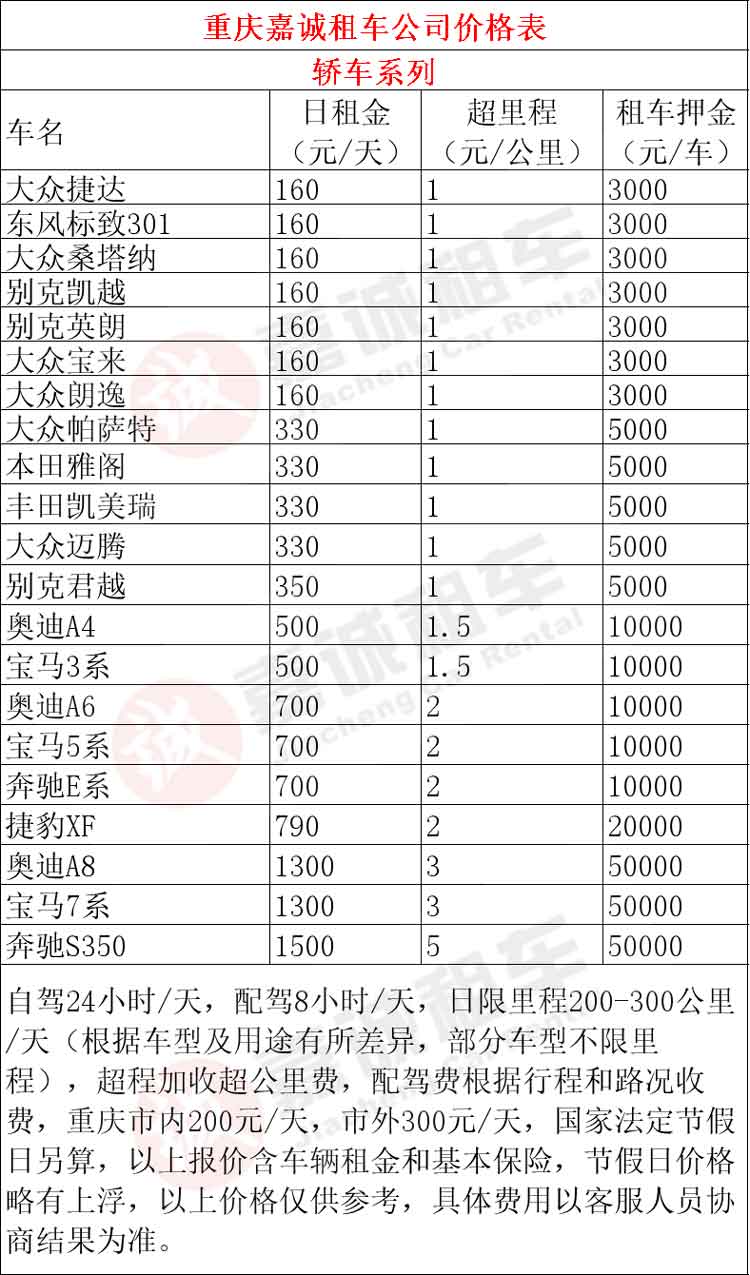 重庆租小车自驾价格表