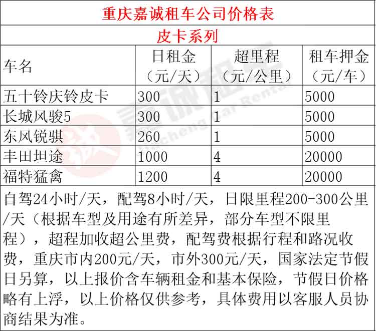 重庆租车包车价格表