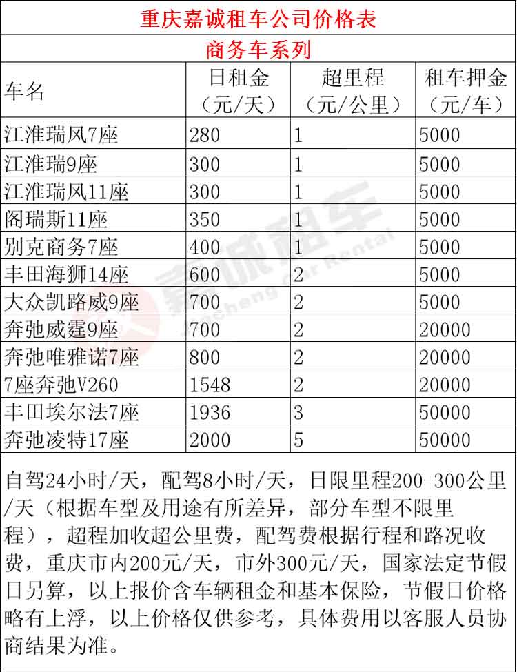 重庆沙坪坝商务车租车价格表